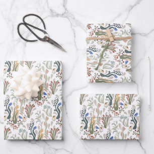 Folk Art Meadow & Blauwe Vogel in Aardse Tonen Inpakpapier Vel