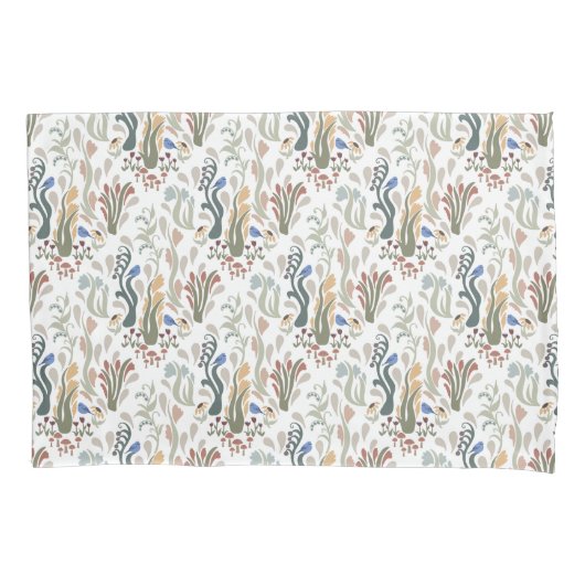 Folk Art Meadow & Blauwe Vogel in Aardse Tonen Kussensloop (Voorkant)