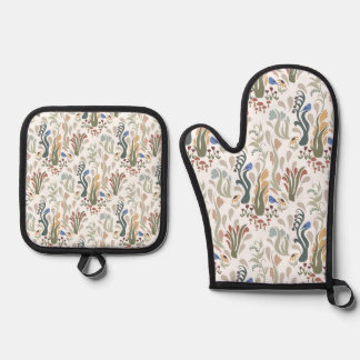 Folk Art Meadow & Blauwe Vogel in Aardse Tonen Ovenwant & Pannenlap Set