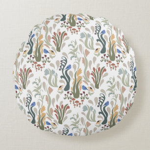 Folk Art Meadow & Blauwe Vogel in Aardse Tonen Rond Kussen