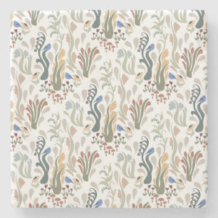 Folk Art Meadow & Blauwe Vogel in Aardse Tonen Stenen Onderzetter