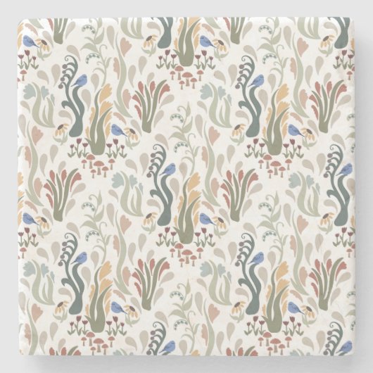 Folk Art Meadow & Blauwe Vogel in Aardse Tonen Stenen Onderzetter (Voorkant)