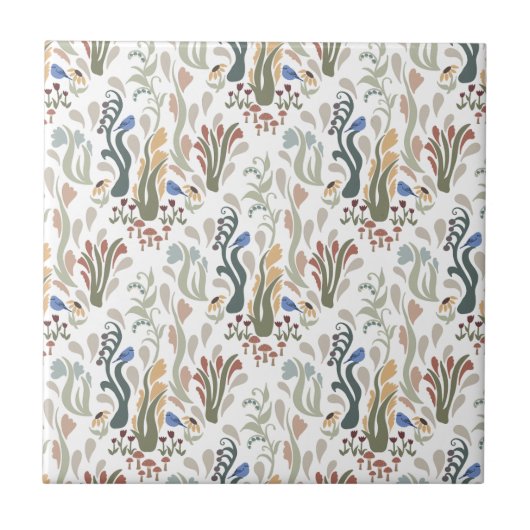 Folk Art Meadow & Blauwe Vogel in Aardse Tonen Tegeltje (Voorkant)