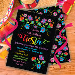 Folk Art Mexican Fiesta Birthday Party Invitation Kaart<br><div class="desc">Colorful and pretty Mexican FIesta Birthday Party invitations. Can change wording to any Fiesta themed event. Features hand drawn embroidered stitched flowers and maracas on a black background.
Hand drawn illustration by McBooboos.
Faux embroidery,  this is a drawing</div>
