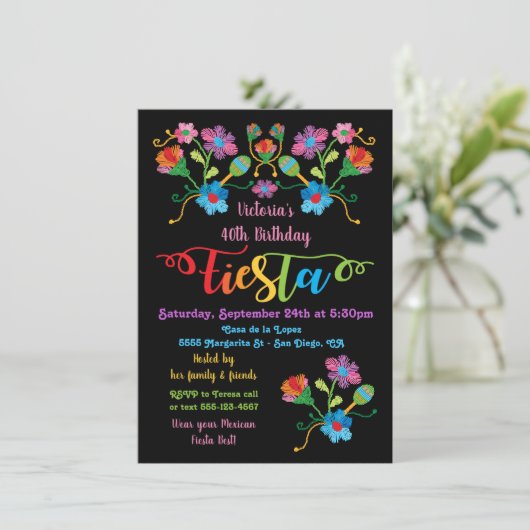 Folk Art Mexican Fiesta Birthday Party Invitation Kaart (Staand voorkant)