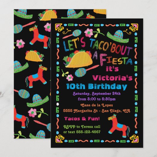 Folk Art Mexican Fiesta Birthday Party Invitation Kaart (Voorkant / Achterkant)