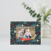 Folk Art Mistletoe Holly Berries Kerstmis Foto Briefkaart (Staand voorkant)