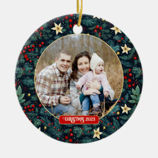 Folk Art Mistletoe Holly Berries Kerstmis Foto Keramisch Ornament