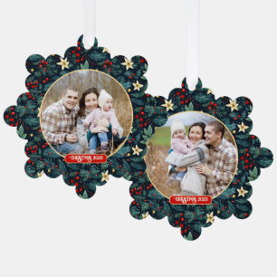 Folk Art Mistletoe Holly Berries Kerstmis Foto Ornament Kaart