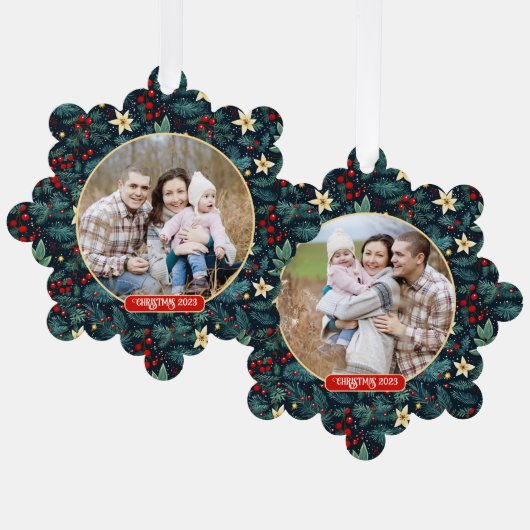 Folk Art Mistletoe Holly Berries Kerstmis Foto Ornament Kaart (Voorkant / Achterkant)