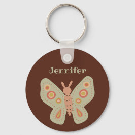 Folk Art Moth, Butterfly on Brown Personalized Sleutelhanger