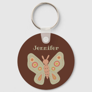 Folk Art Moth, Butterfly on Brown Personalized Sleutelhanger