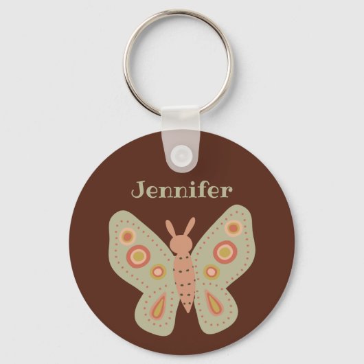 Folk Art Moth, Butterfly on Brown Personalized Sleutelhanger (Voorkant)