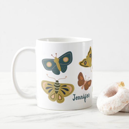 Folk Art Moths Butterflies Collage gepersonaliseer Koffiemok (Met donut)
