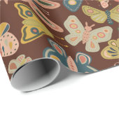 Folk Art Moths Butterflies Pink Blue Brown Cadeaupapier (Rol Hoek)