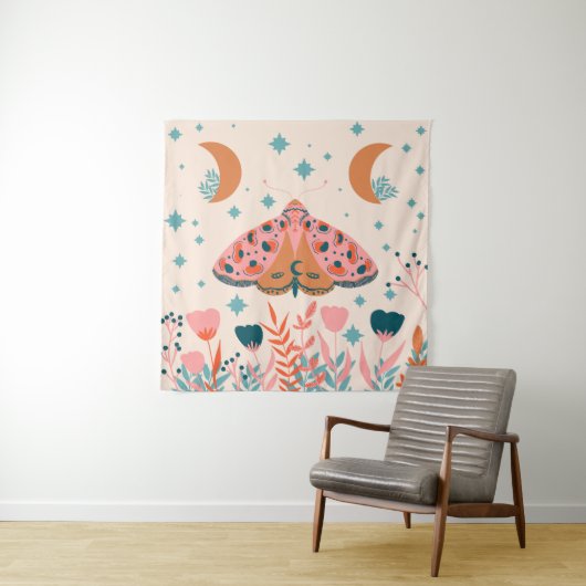 Folk Art Moths: Heldere  illustratie Wandkleed (In situ)