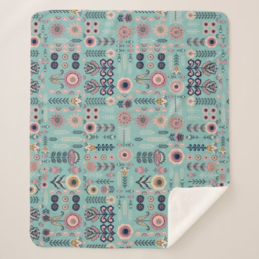 Folk Art Naadloos Patroon Sherpa Deken (Voorkant)