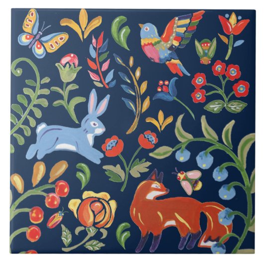 Folk Art Navy Animal Woodland Floral Fox Rabbit Tegeltje (Voorkant)