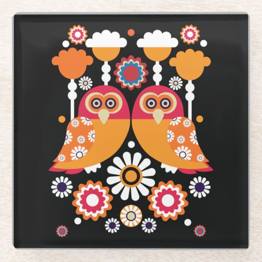 Folk Art Owl Glazen Onderzetter (Voorkant)
