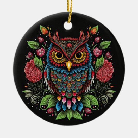 Folk Art Owl Keramisch Ornament (Voorkant)