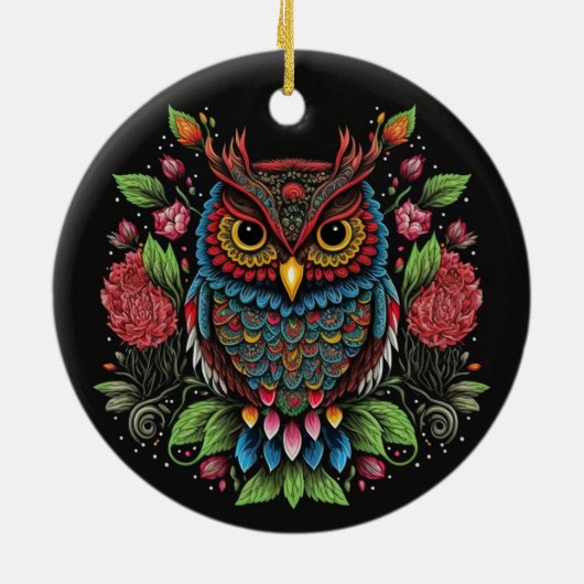 Folk Art Owl Keramisch Ornament (Achterkant)