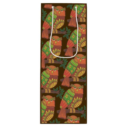 Folk Art Owls on Branches All Occasion Wijn Cadeautas (Voorkant)