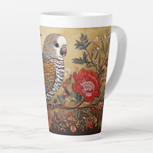 Folk Art Parkiet met bloemen Latte Mok (Rechterhoek)
