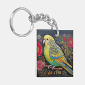 Folk Art Parkiet met bloemen Sleutelhanger (Voorkant Links)
