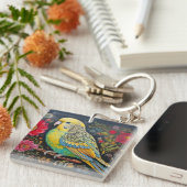 Folk Art Parkiet met bloemen Sleutelhanger (Voorkant Rechts)