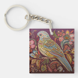 Folk Art Parkiet met Paisley en bloemen Sleutelhanger