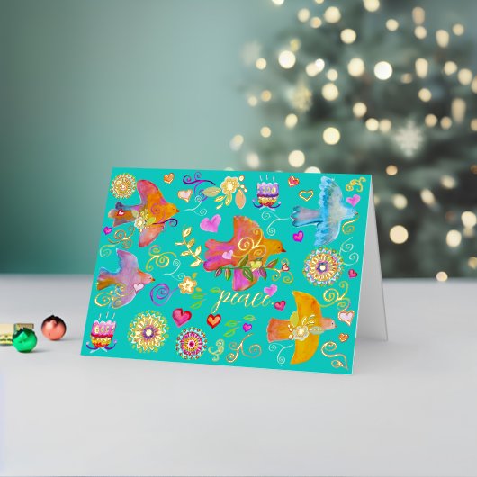 Folk Art Peace Doves Folded Foil Holiday Card Folie Feestdagenkaart (Feestdagen Insitu2)