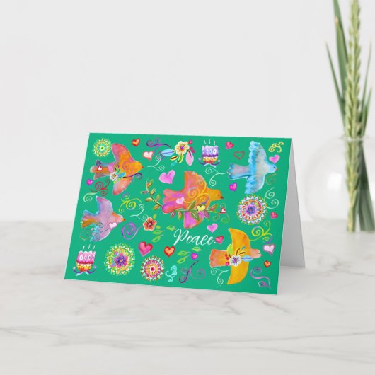 Folk Art Peace Doves Folded Holiday Card Feestdagen Kaart (Voorkant)