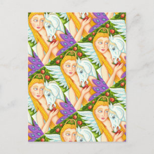 FOLK ART PEGASUS EN EVE IN GARDEN OF EDEN, HORSE BRIEFKAART