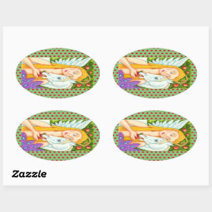 FOLK ART PEGASUS EN EVE IN GARDEN OF EDEN, HORSE OVALE STICKER