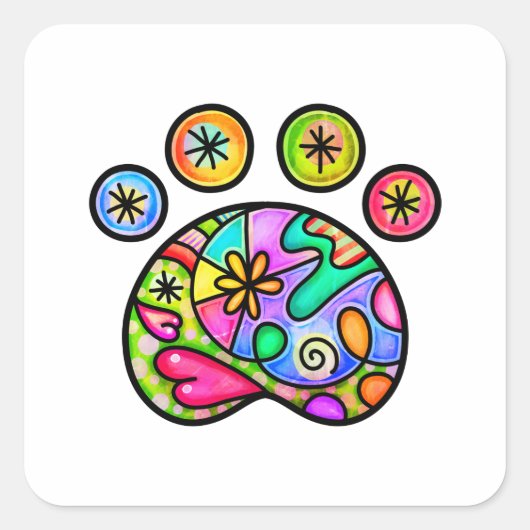 Folk Art Pet Dog Paw Waterverf Doodle Vierkante Sticker (Voorkant)