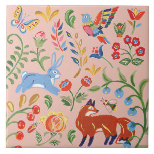 Folk Art Pink Animal Woodland Floral Fox Rabbit Tegeltje