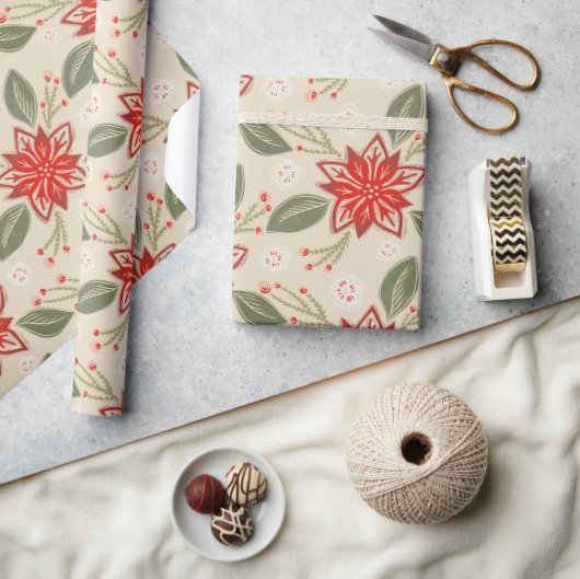 Folk Art Poinsettia Rustic Kerstwinter Floral Cadeaupapier (Crafts)