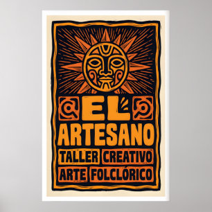 Folk Art Poster Zon Gezicht Krachtig Blokdruk in