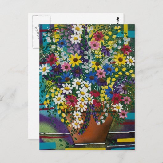 FOLK ART Pot of Daisy's BY LORI EVERETT briefkaart (Voorkant / Achterkant)