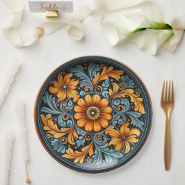 Folk Art Pottery Geïnspireerd Geel, Roest, Marine Papieren Bordje