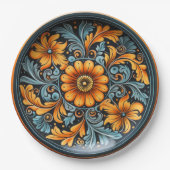 Folk Art Pottery Geïnspireerd Geel, Roest, Marine Papieren Bordje (Voorkant)