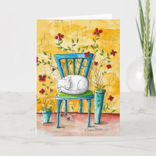 Folk Art Print, Witte kat slapen, Cat Lover kunst Kaart