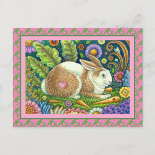 FOLK ART RABBIT, BLUEBIRD, WHIMSICAL SECRET GARDEN BRIEFKAART