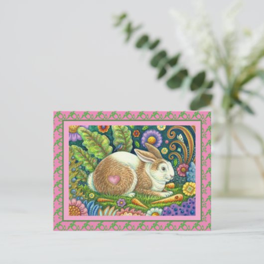FOLK ART RABBIT, BLUEBIRD, WHIMSICAL SECRET GARDEN BRIEFKAART (Staand voorkant)
