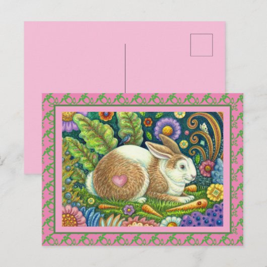 FOLK ART RABBIT, BLUEBIRD, WHIMSICAL SECRET GARDEN BRIEFKAART (Voorkant / Achterkant)
