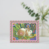 FOLK ART RABBIT, BLUEBIRD, WHIMSICAL SECRET GARDEN BRIEFKAART (Staand voorkant)