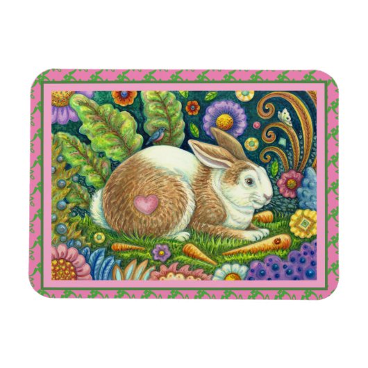 FOLK ART RABBIT, BLUEBIRD, WHIMSICAL SECRET GARDEN MAGNEET (Horizontaal)