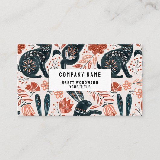 Folk Art Rabbit Florals Visitekaartje (Voorkant)