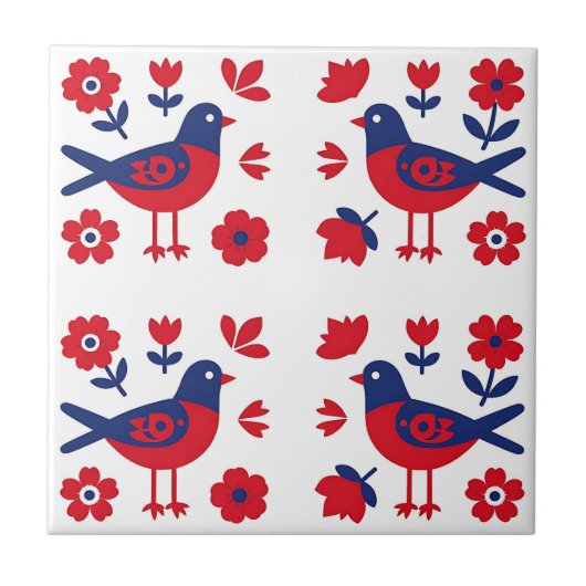 Folk Art Red Blue Bird Floral Pattern Tegeltje (Voorkant)