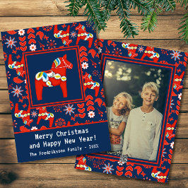 Folk Art Red Swedish Dala Horse and Pattern Foto Feestdagenkaart